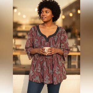 Catherines Women’s Plus Size 2X Pink and Black Paisley Beaded Neckline Tunic